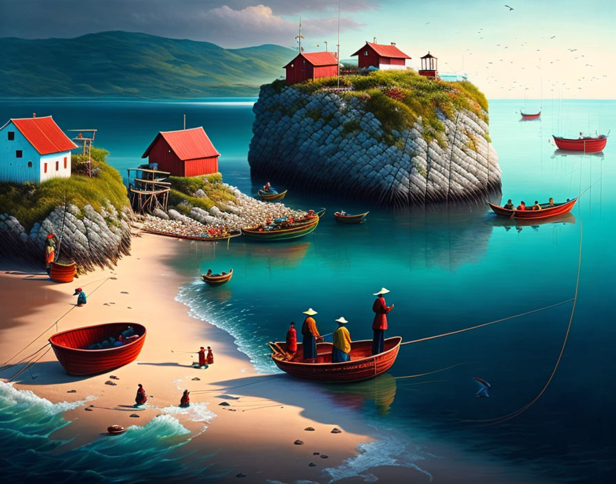 Colorful Coastal Scene: Houses, Fishermen, Serene Sea, Hills, Clear Sky