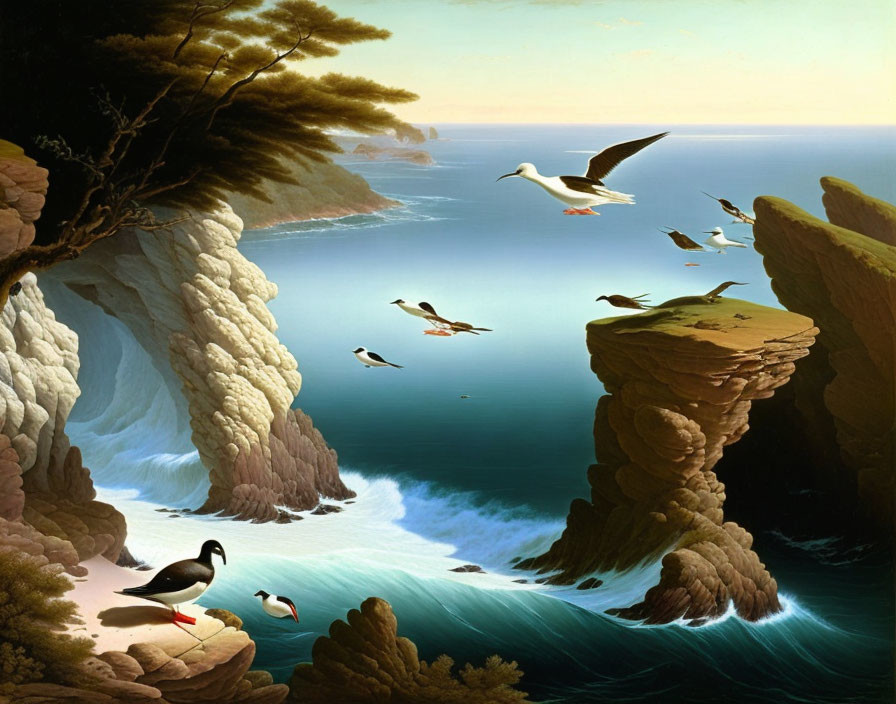 Tranquil coastal cove with birds in flight and lush greenery