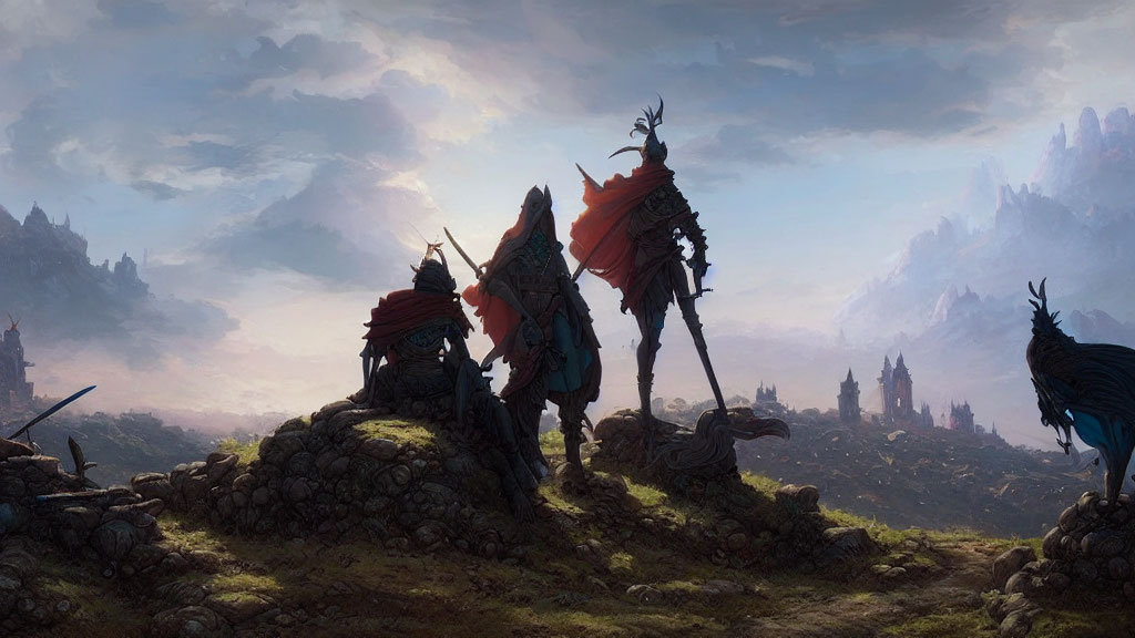 Medieval warriors on hill with fantasy ruins and mystical creature