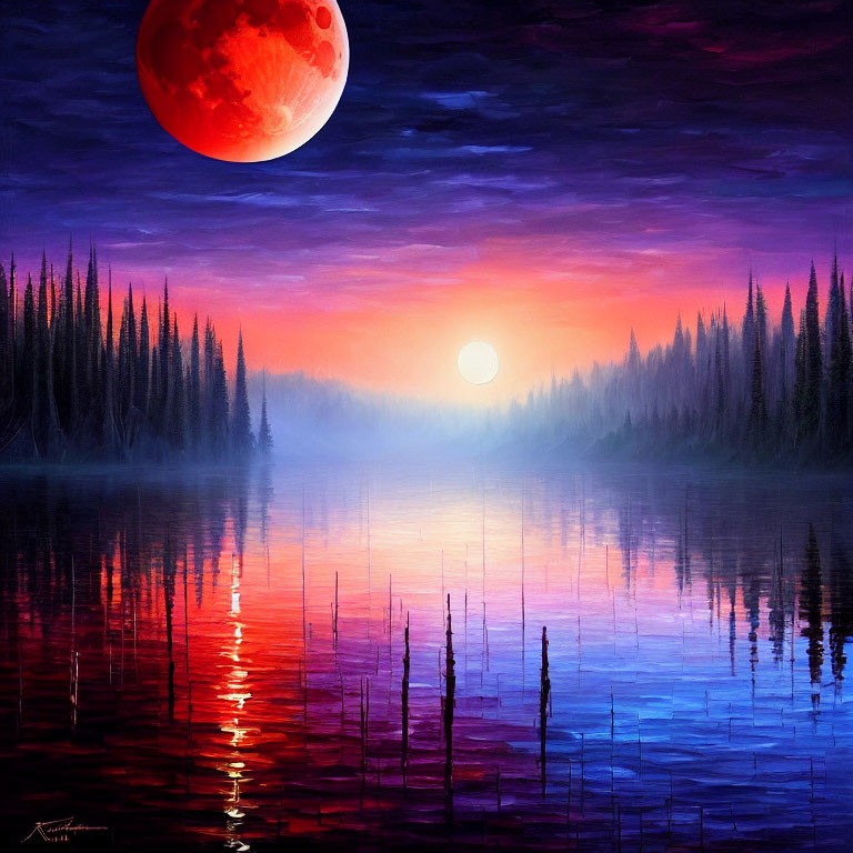 Surreal landscape with large red moon, serene lake, and silhouetted trees