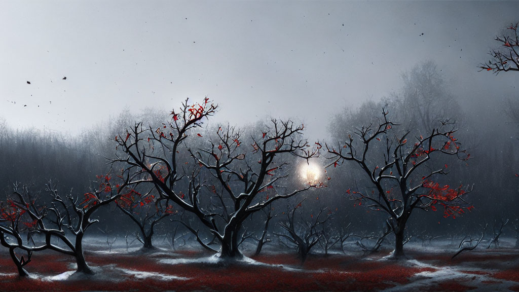 Wintry Dusk Landscape with Bare Trees and Setting Sun Glow