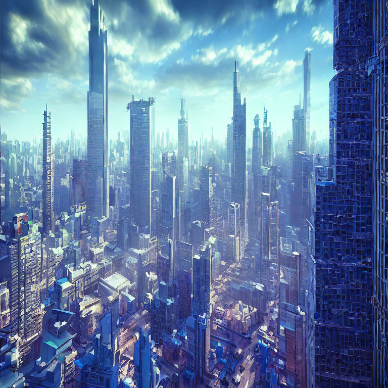 Futuristic cityscape with towering skyscrapers under a blue sky