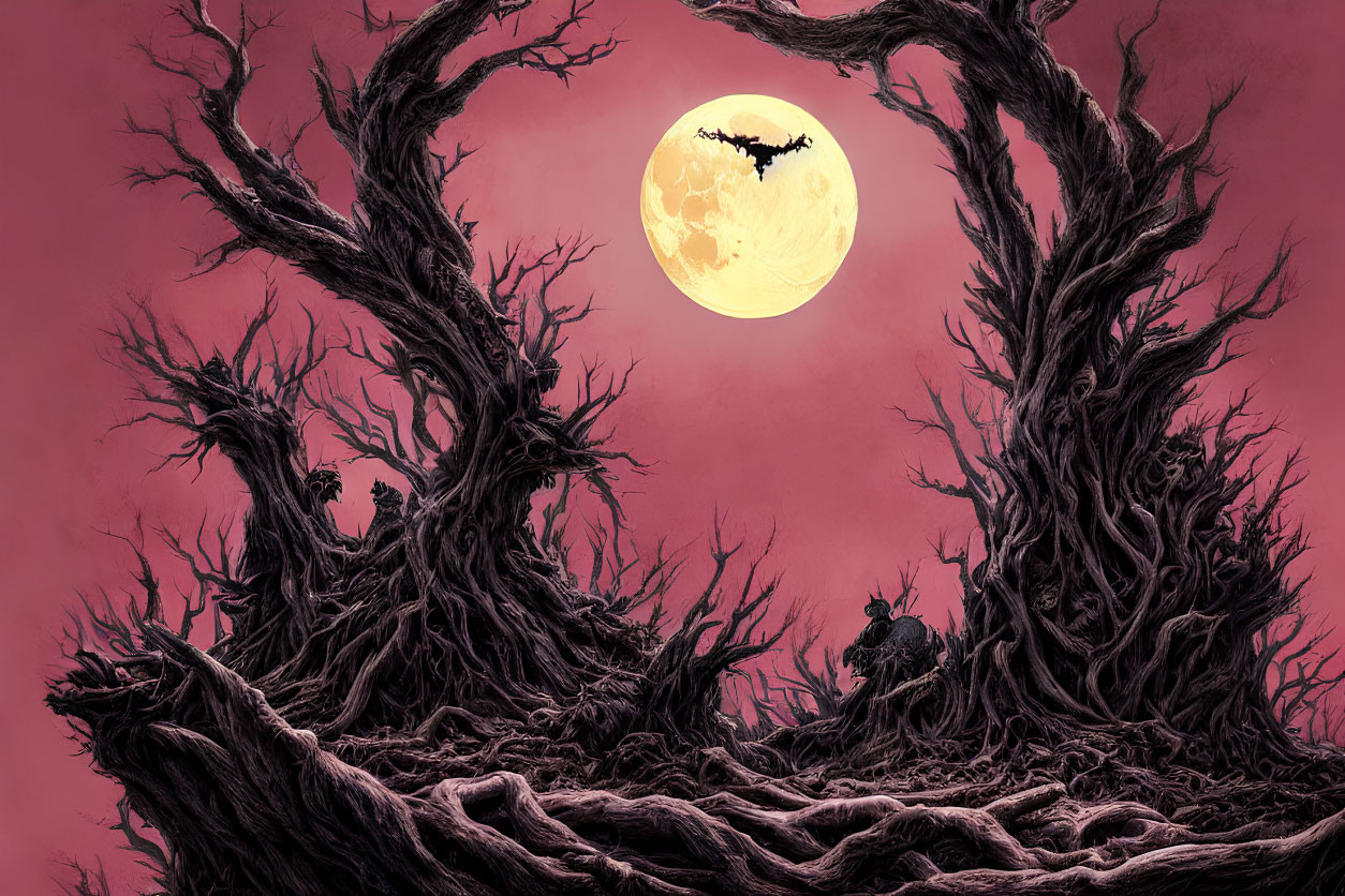 Barren trees, twisted roots, full moon, bat silhouette in eerie sky