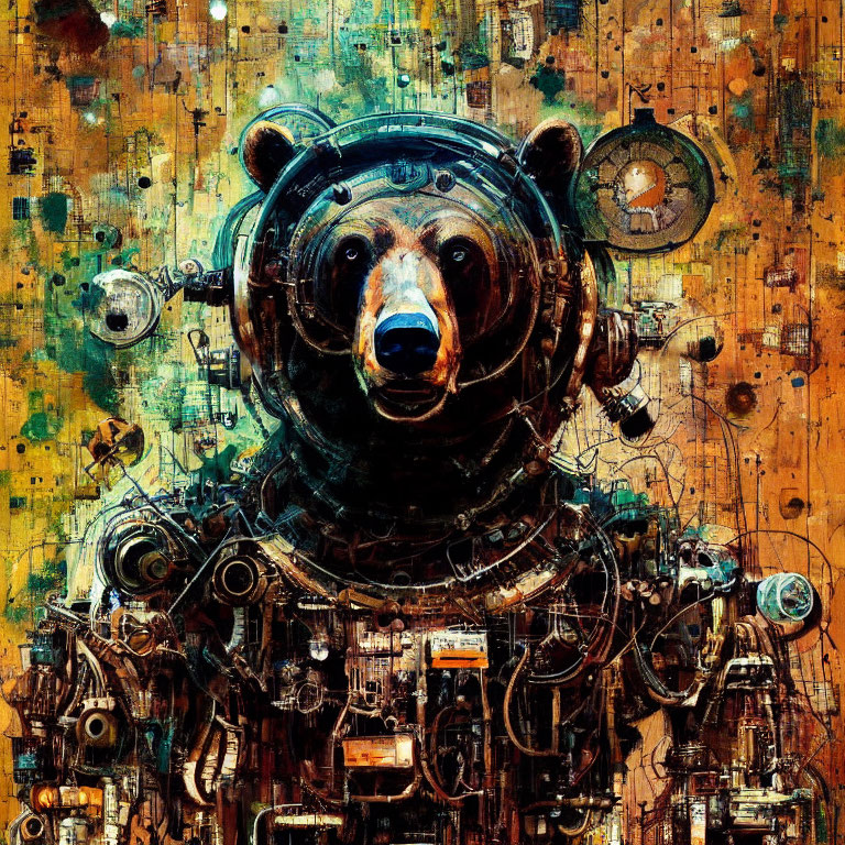 Steampunk-themed artwork featuring bear in astronaut suit
