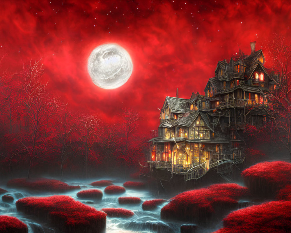 Victorian house in eerie night setting with red sky and full moon
