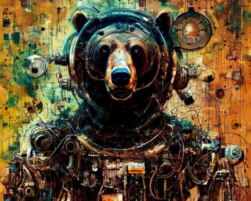 Steampunk-themed artwork featuring bear in astronaut suit