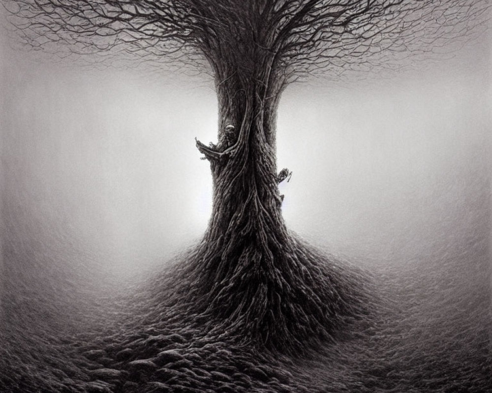 Detailed pencil drawing of intricate tree with human-like face in trunk