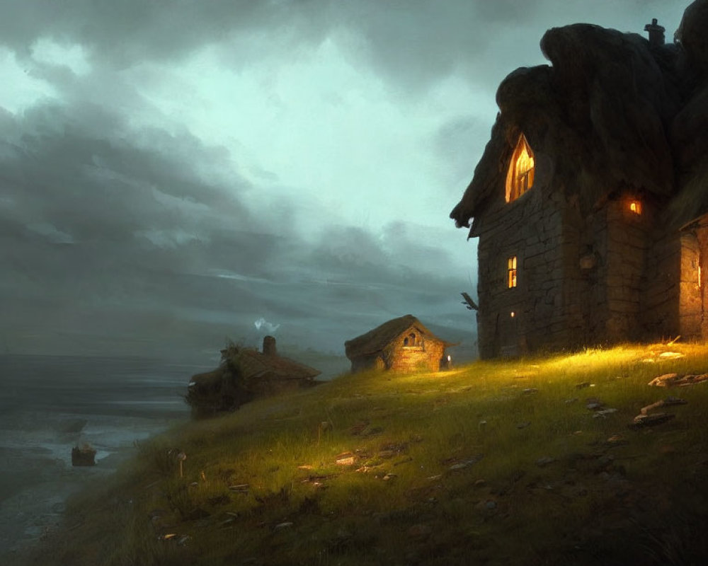 Rustic stone houses on grassy cliff under stormy sky