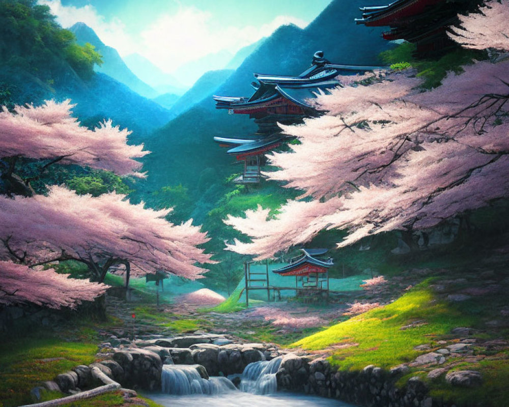 Tranquil Cherry Blossom Landscape with Pagodas and Mountains