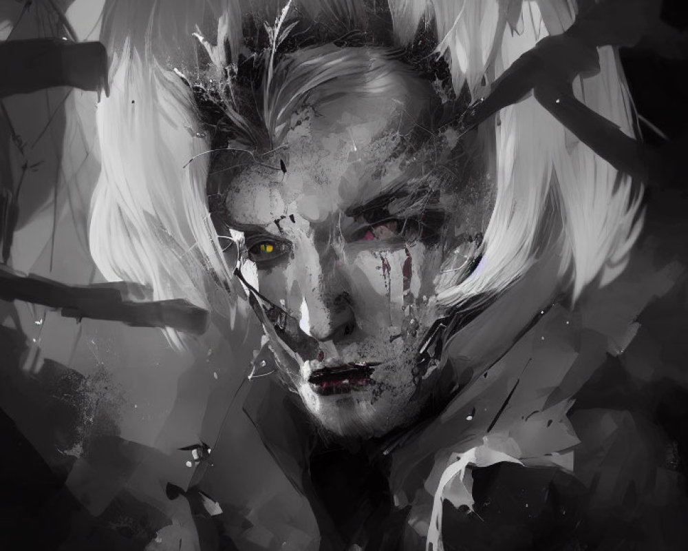 Monochrome digital painting of intense gaze and sharp features