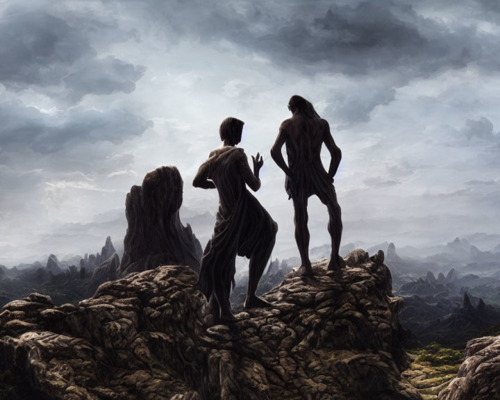 Silhouetted figures on rocky terrain with dramatic spires and cloudy skies