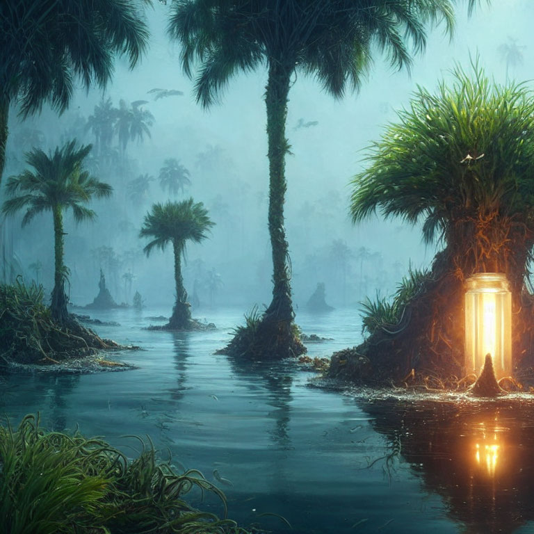 Mystical swamp scene with glowing lantern amid lush palm trees at dusk