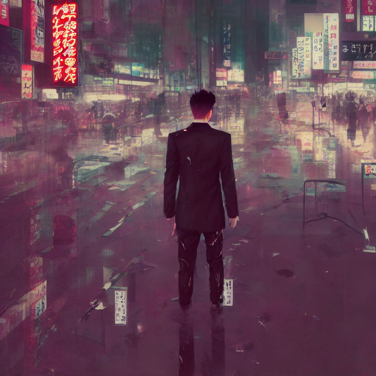 Man in suit gazes at surreal mirrored cityscape with neon signs
