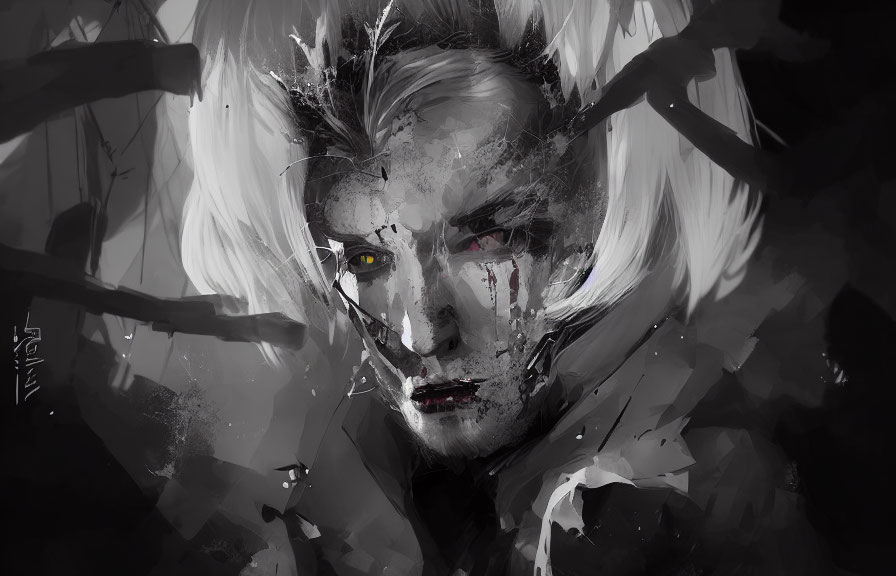 Monochrome digital painting of intense gaze and sharp features