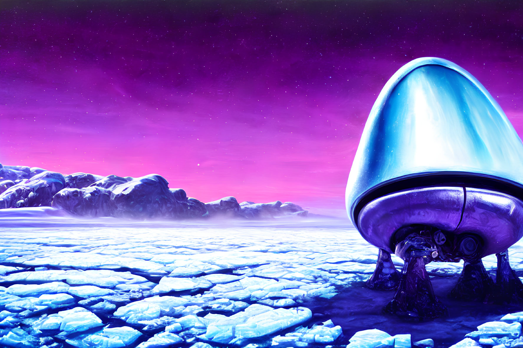 Futuristic spaceship on cracked icy alien terrain under purple sky