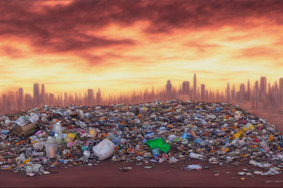 City skyline obscured by haze under dramatic red sky with foreground garbage heap.