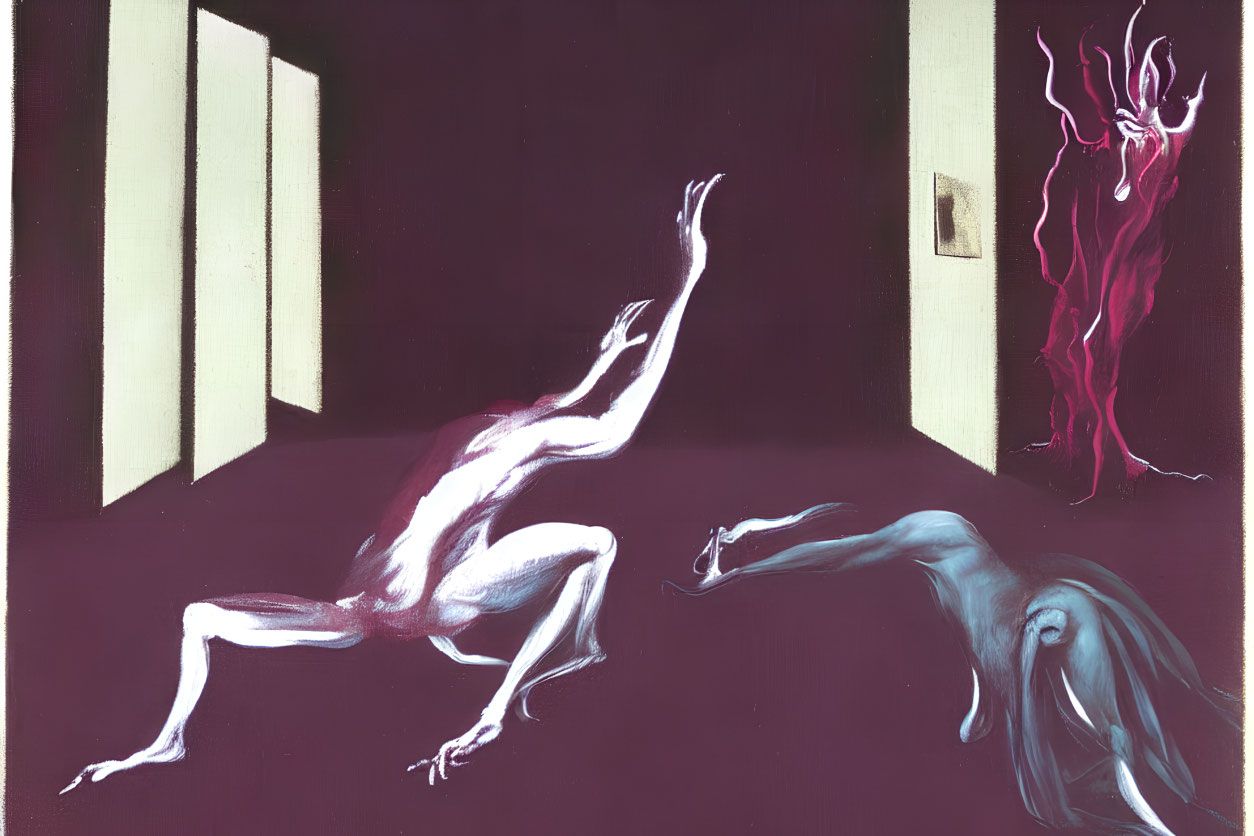 Surreal painting of humanoid figures in purple room with glowing entity