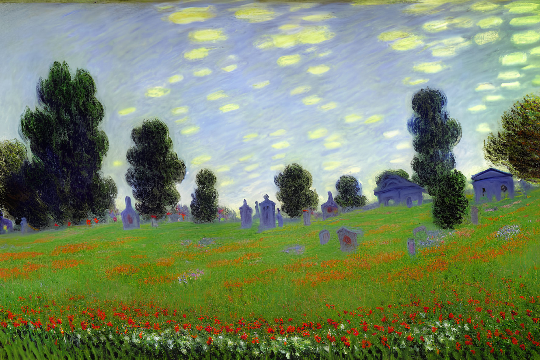 Impressionist-style painting of field with red flowers, green trees, blue sky with yellow patterns