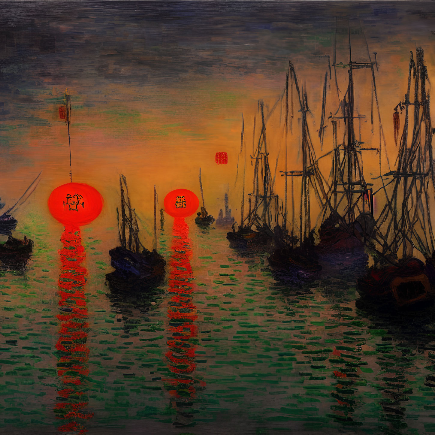 Vibrant sunset harbor painting with silhouetted ships and orange sky