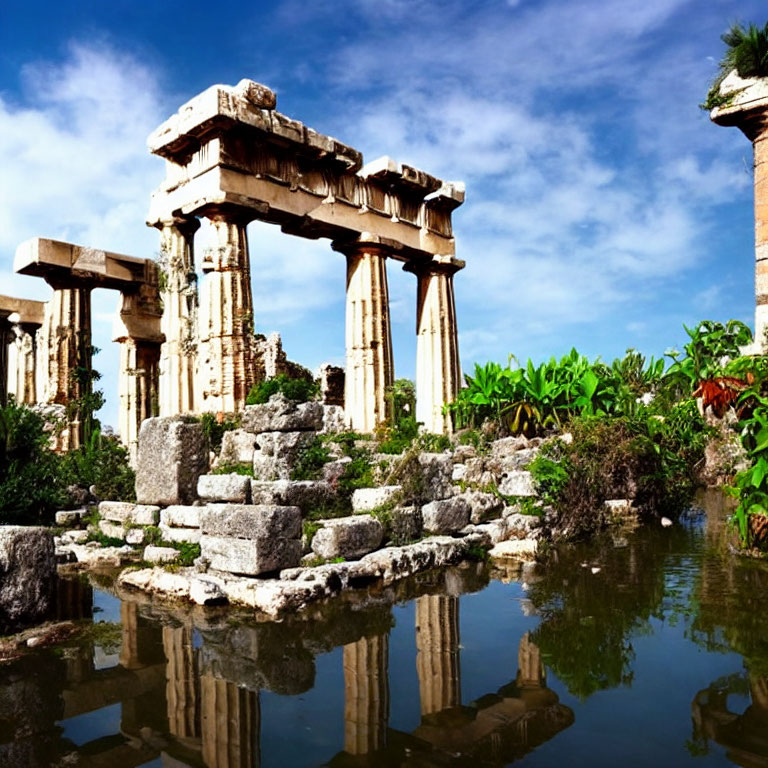 Ancient stone ruins with towering columns near serene water and greenery.