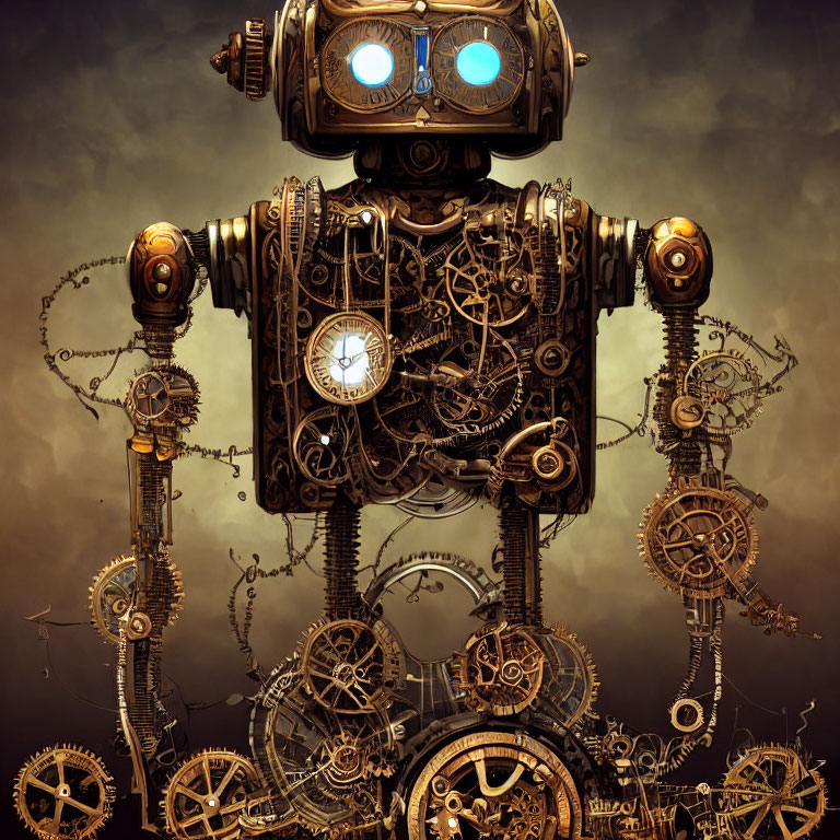 Steampunk-style robot with glowing blue eyes and clock in chest on sepia backdrop