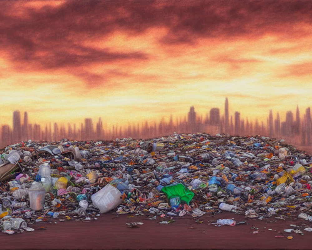 City skyline obscured by haze under dramatic red sky with foreground garbage heap.