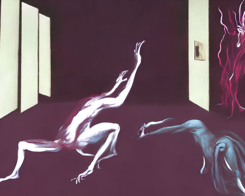Surreal painting of humanoid figures in purple room with glowing entity