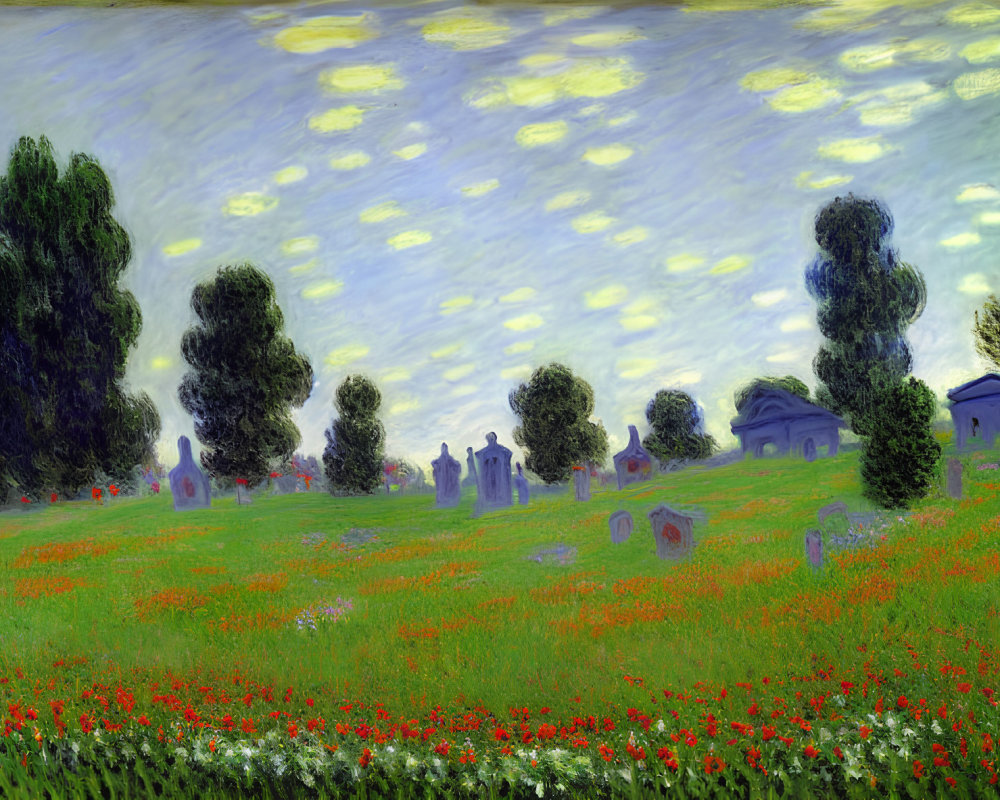 Impressionist-style painting of field with red flowers, green trees, blue sky with yellow patterns