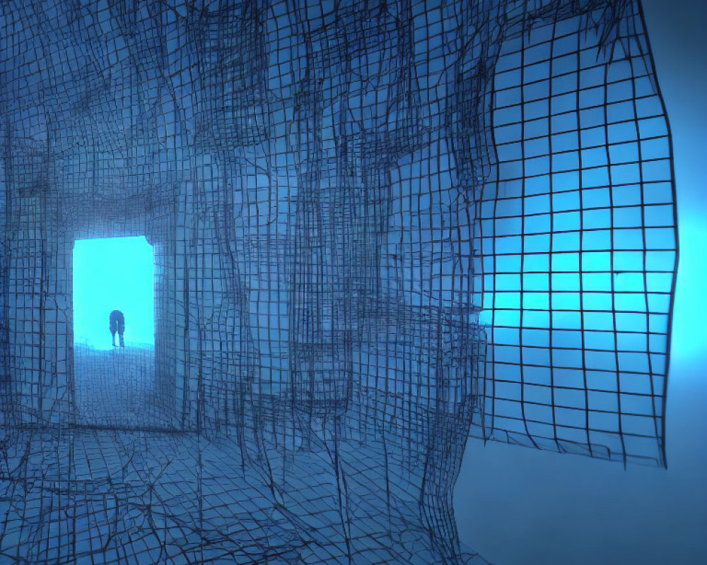 Silhouette of person at tunnel entrance in blue, grid-like structure.