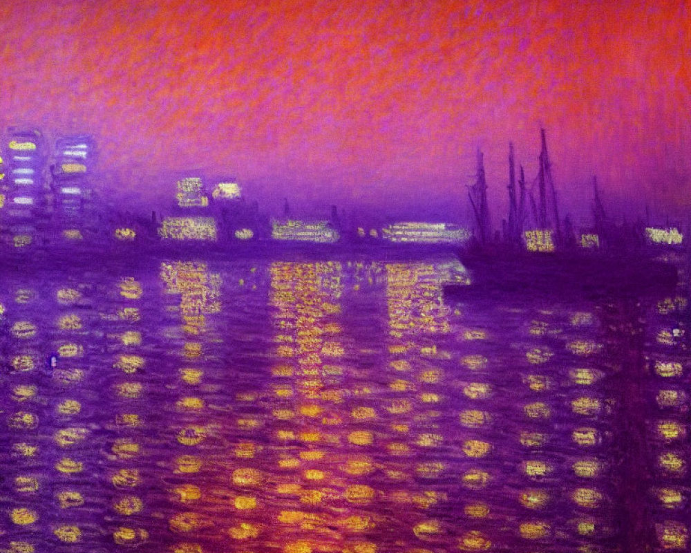 Impressionistic cityscape with vivid purple and pink hues reflected over water