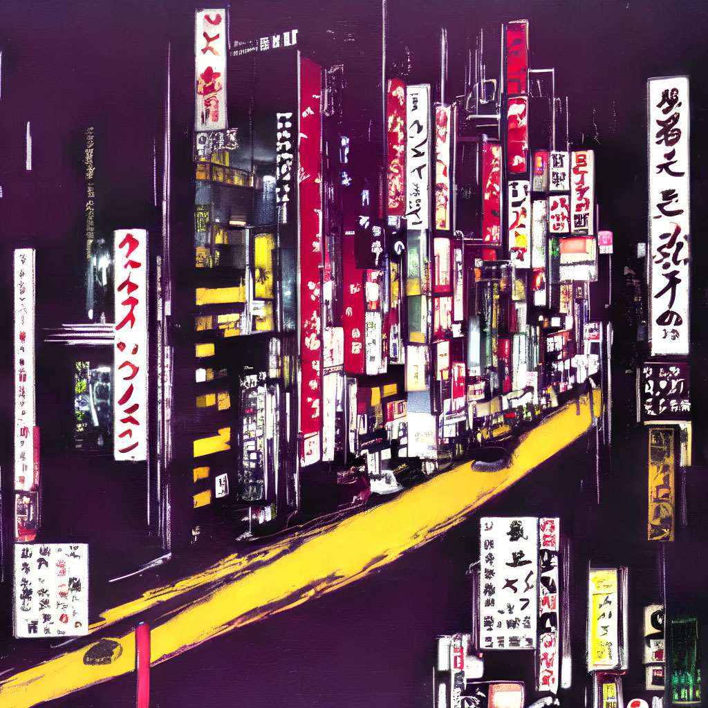 Vibrant neon-lit street painting in Japanese cityscape