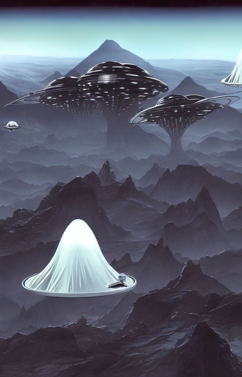Futuristic landscape with floating UFO-like structures over mountainous terrain