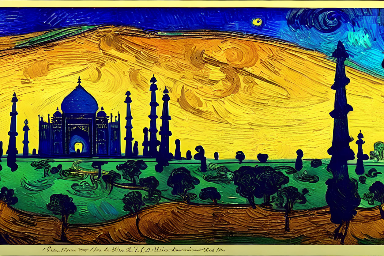 Artistic depiction of Taj Mahal with swirling skies and vibrant colors