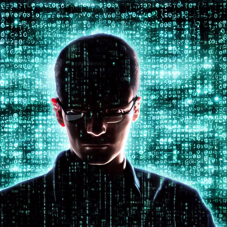 Silhouette with Glasses on Green Binary Code Background