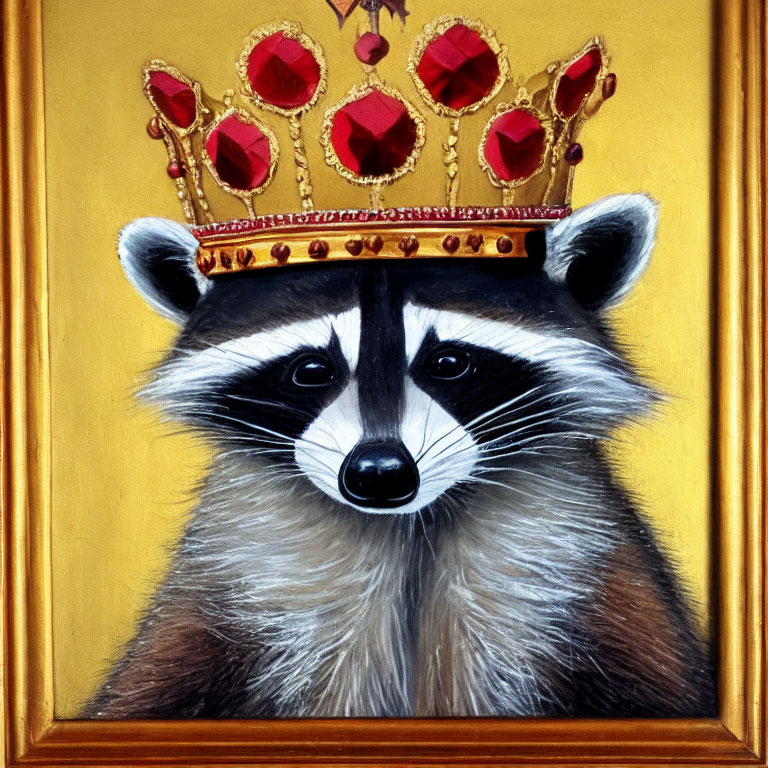Raccoon Portrait with Gold Crown and Red Gems on Yellow Background