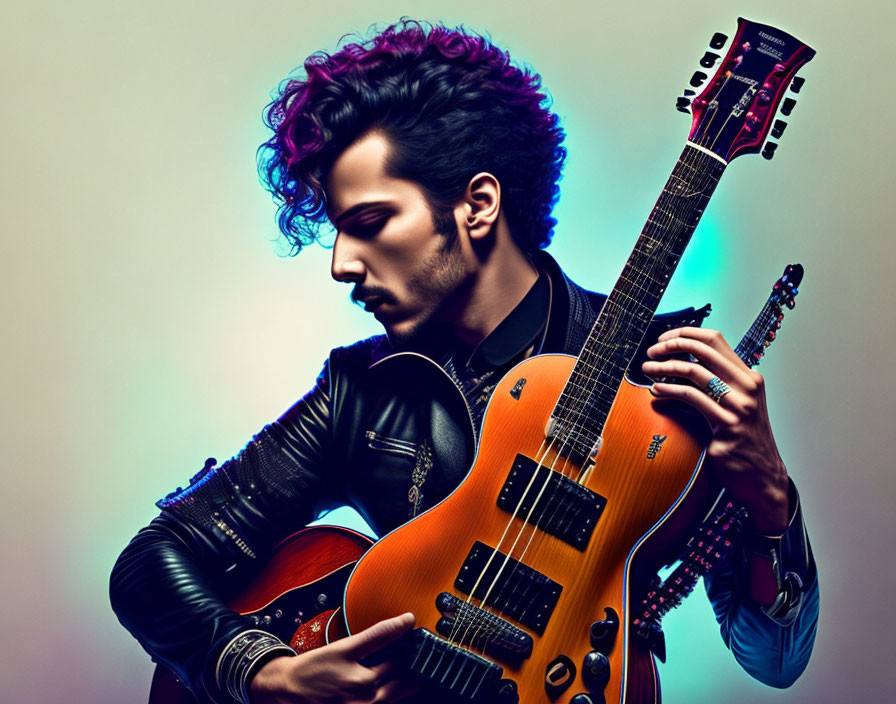 Colorful Hairstyle Person Holding Two Electric Guitars on Gradient Background