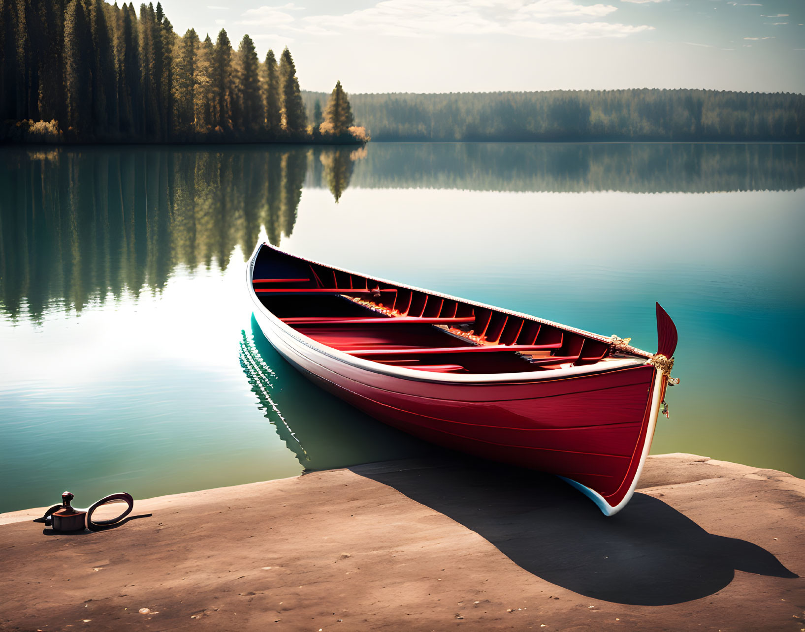 Scenic red canoe on calm lake with pine trees and clear skies