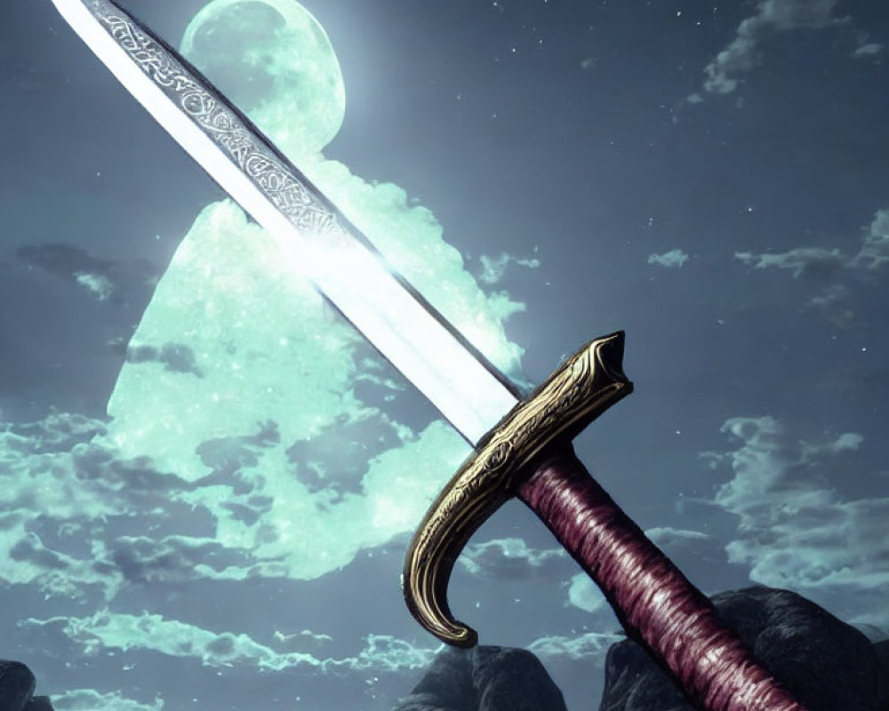 Ornate sword with patterned blade under moonlit night