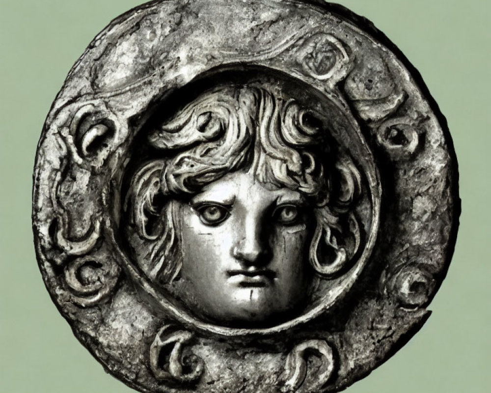 Detailed embossed face on ancient round metal artifact against green background