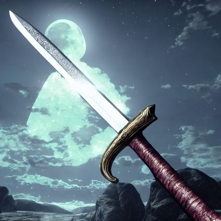 Ornate sword with patterned blade under moonlit night