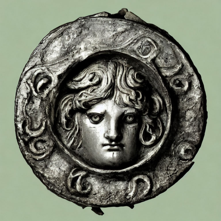 Detailed embossed face on ancient round metal artifact against green background