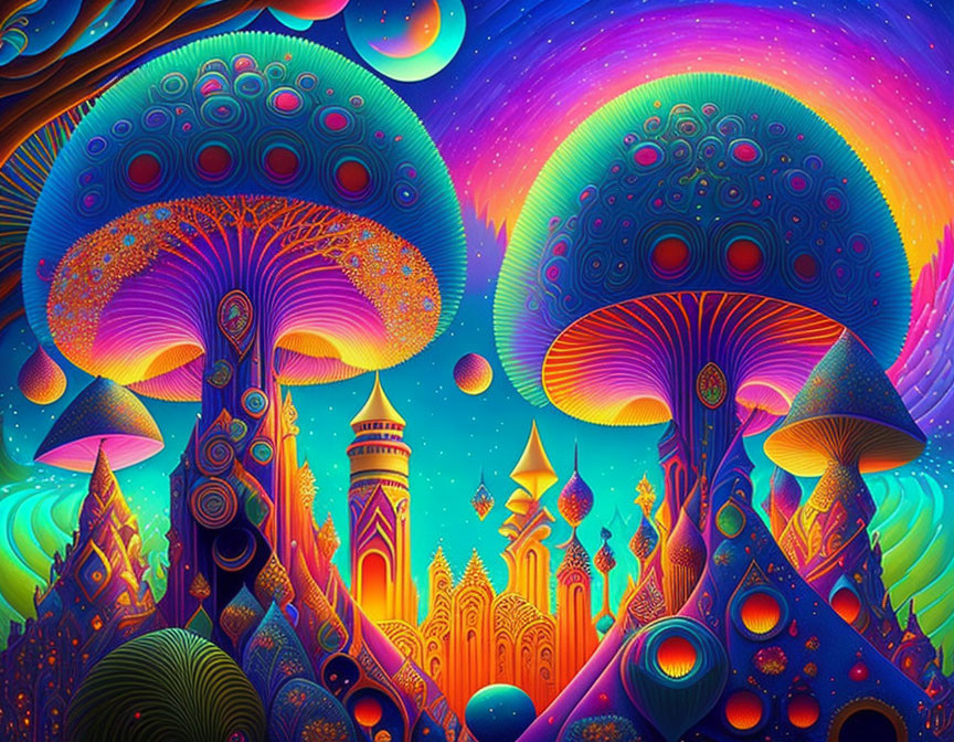 Colorful Psychedelic Artwork: Mushrooms & Fantasy Architecture in Space