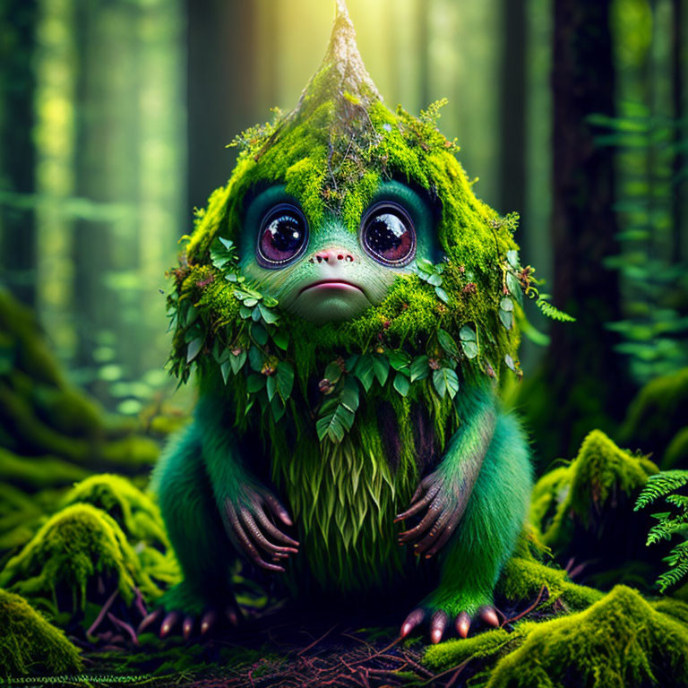 Green creature with expressive eyes in lush forest setting