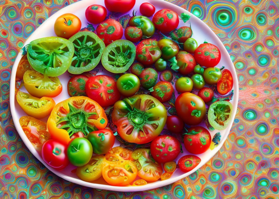 Colorful sliced and whole tomatoes on plate with psychedelic background