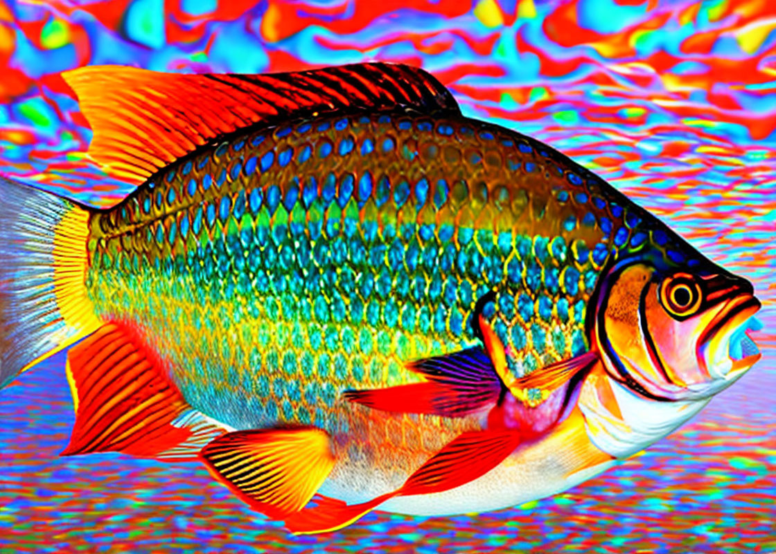 Colorful Fish with Iridescent Body and Red Fins on Psychedelic Background