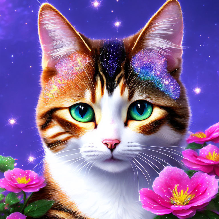 Colorful digital artwork: Cat with galaxy fur and green eyes amid pink flowers on purple background