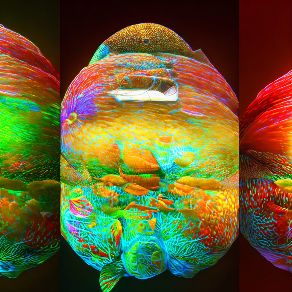 Colorful 3D anaglyph fish image with textured skin