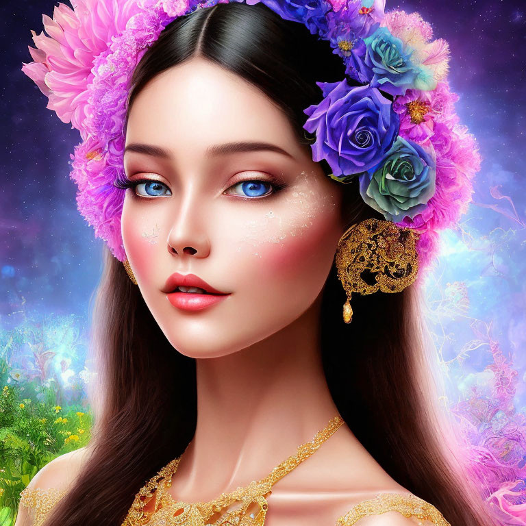 Digital illustration of woman with floral headpiece, sparkling eyes, gold jewelry, vibrant background