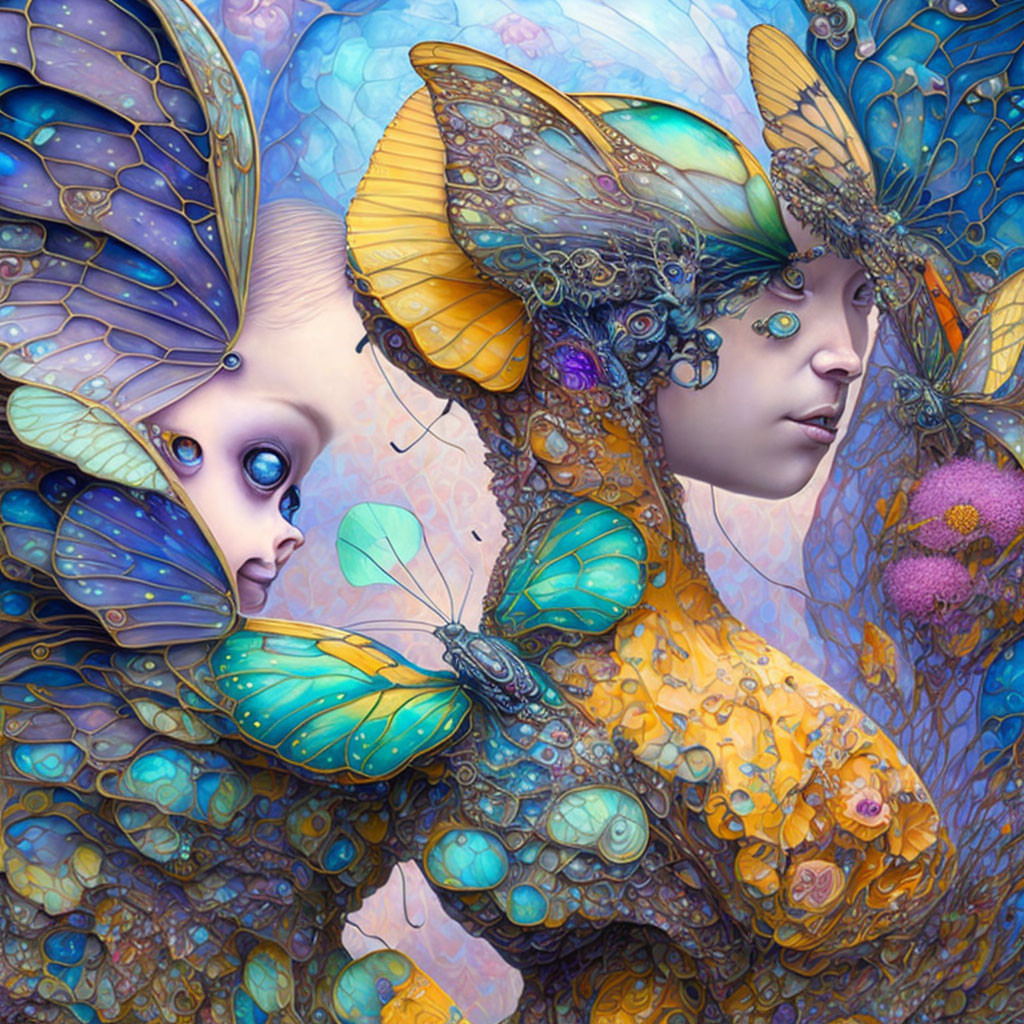 Whimsical fairy creatures with butterfly wings in colorful fantasy setting
