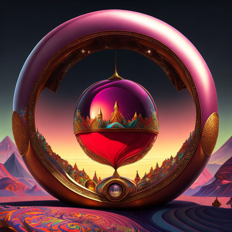 Circular ornate frame with vibrant red bauble reflecting surreal landscape.